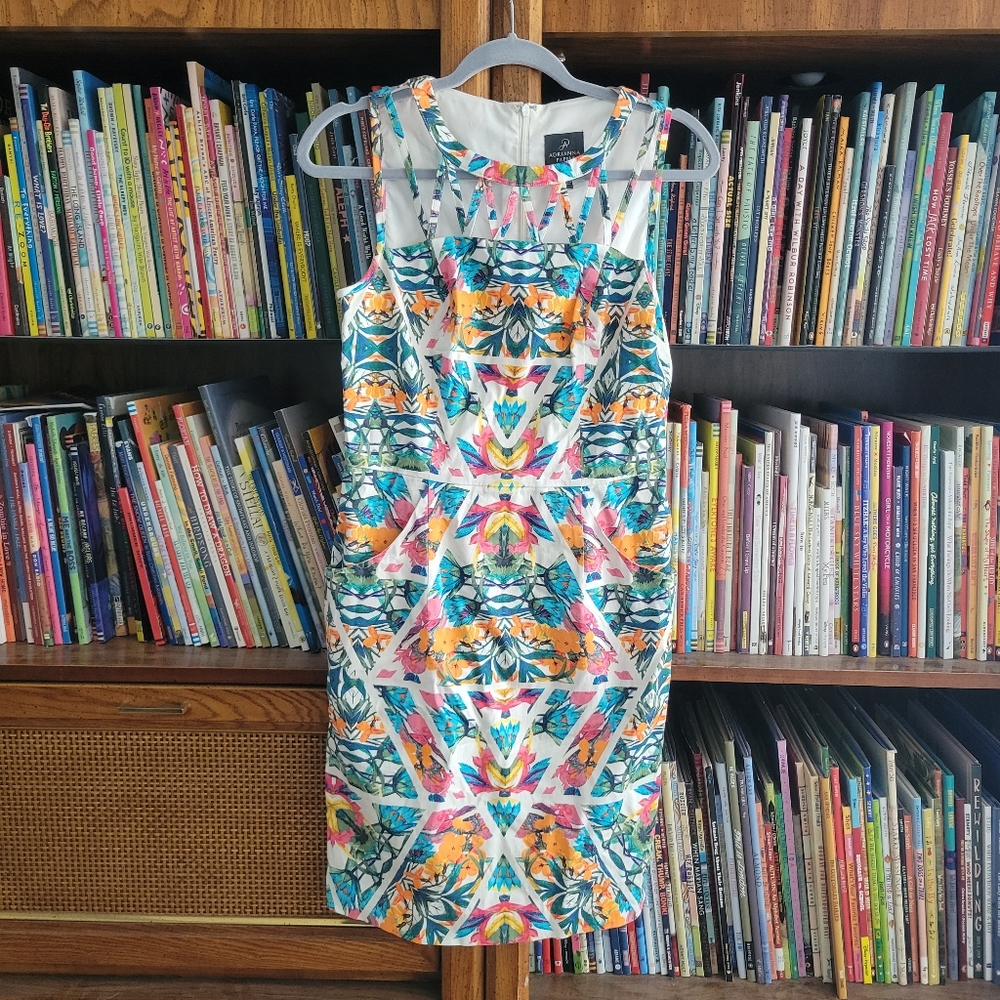 Adrianna Papell Kaleidoscope Floral Caged Neckline Sheath Dress Has Pockets NWOT